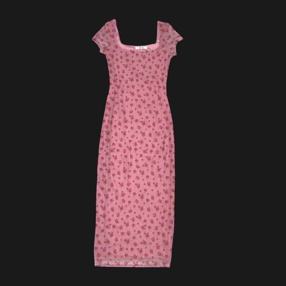Heart & Hips Pink Red Rose Floral Mesh Midi Dress Square Neck LD55692P Small
